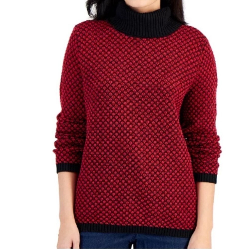 Karen Scott Turtleneck Sweater Womens PM Red Black Textured Knit Petite Medium